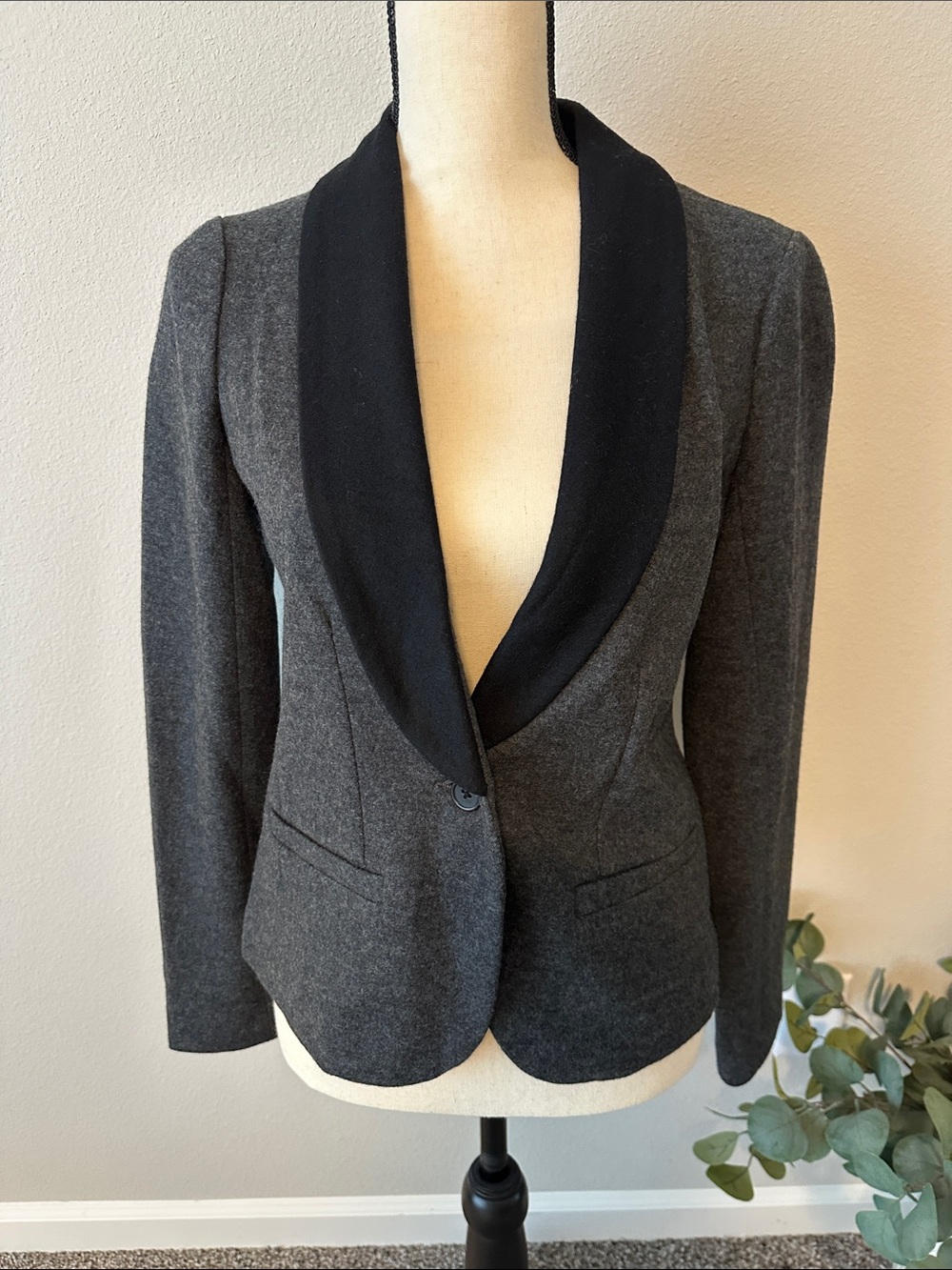 J. Crew Dark Gray Blazer with Black Shawl Collar 100% Wool